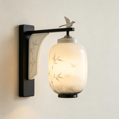 Black Bird Bamboo Oriental Wall Sconce