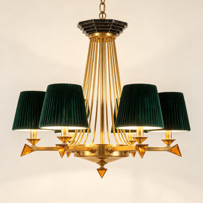 Emerald Green Brass Art Deco Chandelier